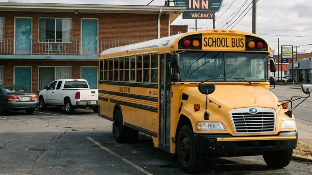 A school bus sits parked outside a sign for an INN showing vacancy.