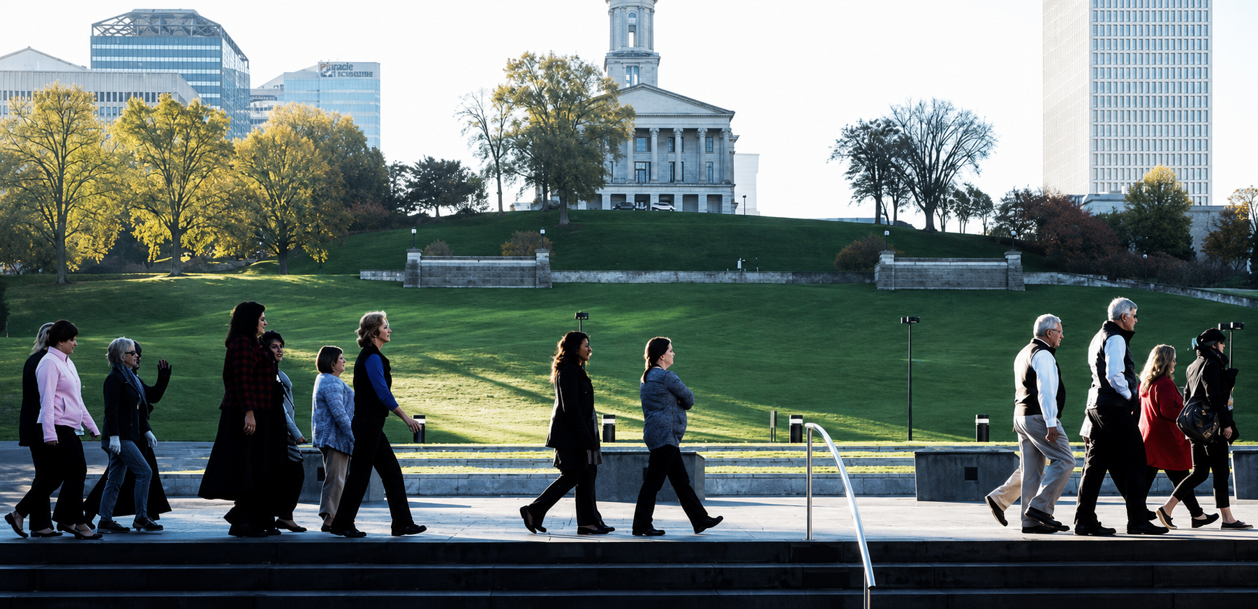 NashvilleHealth leaders and other community members participate in a tobacco cessation walk by the State Capitol Building in Nashville.